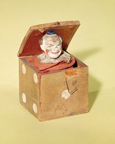 ジャック・イン・ザ・ボックス（ピエロの顔）、1870-1900（木材、繊維、金属、塗料） 作： American School