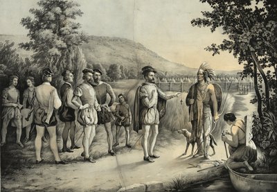 ジャックカルティエ、ホチェラガでのインディアンへの彼の最初のインタビューは現在1535年、1850年にモントリオール 作： American School