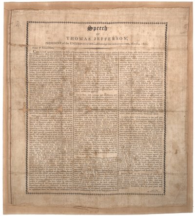 ジェファーソンズ、最初の就任演説、ボルチモアのペチンによって印刷、1801年3月4日（シルクのリソ） 作： American School