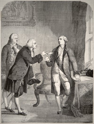 ジョージ3世（1738-1820）に信任状を提出する第一次アメリカ大使ジョン・アダムス（1735-1826）（リトグラフ 作： American School