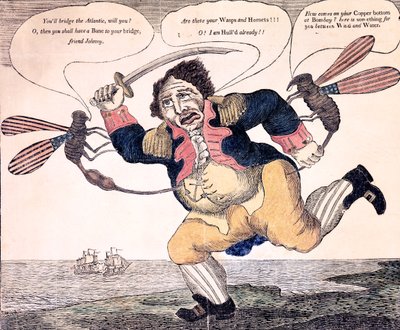 ジョンブルはワスプとホーネットによって苦しみに刺されました、1813年頃 作： American School