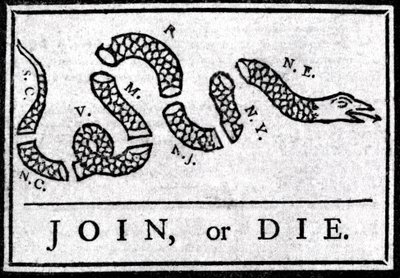 Join or Die」は、1754年にベンジャミン・フランクリンが発行した「Pennsylvania」誌に掲載された最初の政治漫画とされている絵です。この絵は、いくつかのセクションに分かれた蛇を表しており、「Join or Die」という伝説が書かれています。これは、13人のアメリカ人への訴えである。 作： American School