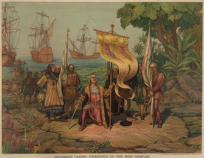 コロンバスは1492年10月12日にサンサルバドル島に上陸します。 1893 作： American School