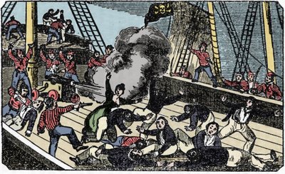 La mortal du pirate gentilhomme Jean Lafitte (1780-1826) "The pirate own book" 1837年のエングレーヴィング。 作： American School