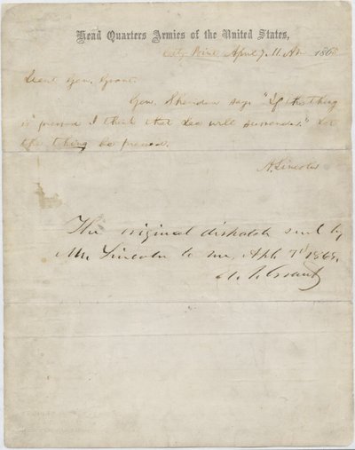 エイブラハムリンカーンからユリシーズグラント将軍への手紙、1865年4月7日 作： American School