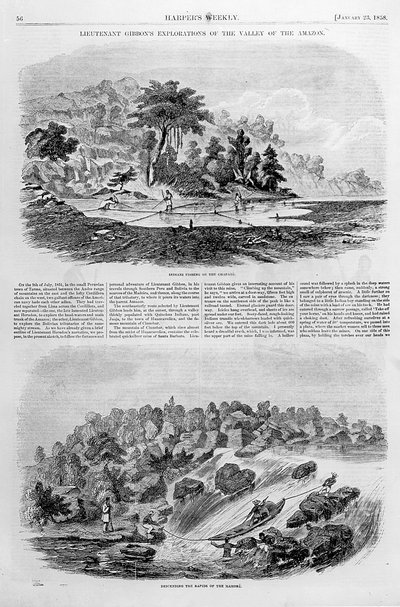 1838年1月23日「ハーパーズウィークリー」からのテナガザル中尉のアマゾンの谷の探検 作： American School