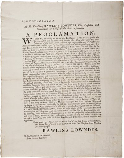サウスカロライナの独立を守る忠誠の誓い、1778年4月2日 作： American School