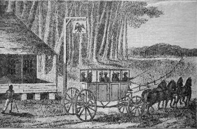 アイザック・ウェルド(1774-1856)の「北米旅行記」1795年の挿絵「郵便馬車」(エングレービング) 作： American School