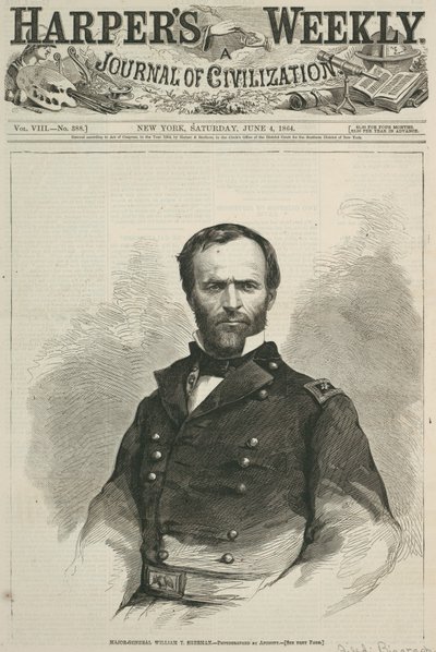 ウィリアムT.シャーマン少将、ハーパーズウィークリーの表紙、1864年（木製彫刻） 作： American School