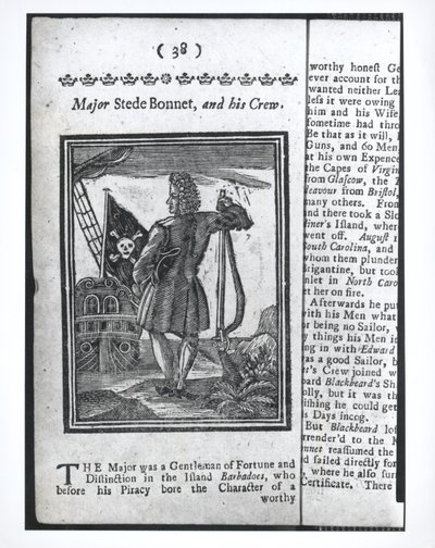 メジャー・ステップ・ボンネット、38ページ、最も悪名高い海賊とその乗組員の歴史と生活、1725年 作： American School