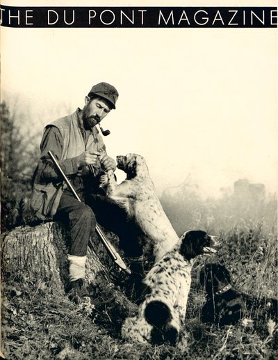 狩猟犬を連れた男、デュポン誌の表紙、1934年11月 作： American School