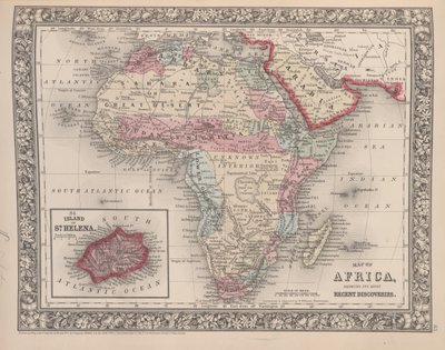 ミッチェルズの新しいアトラス、1863年からのセントヘレナ島の差し込みによる最新の発見を示したアフリカの地図、1863年（カラー彫刻） 作： American School
