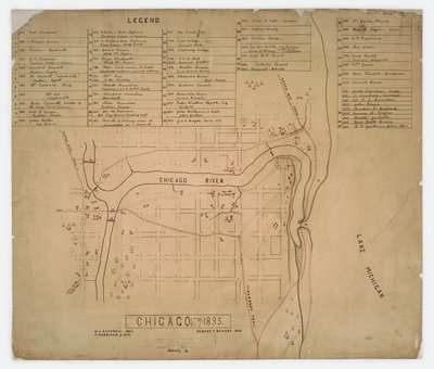 1835年頃、イリノイ州シカゴの歴史的な家屋や遺跡の地図 作： American School