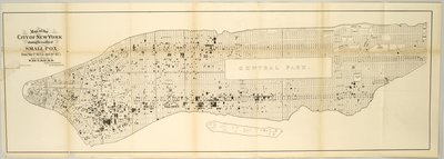 1874年5月1日から1875年4月30日までの小水疱瘡の発生場所を示すニューヨーク市の地図。 作： American School