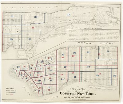区と警察の管区、および駅舎の場所を示すニューヨーク郡の地図、1870年（紙にインク） 作： American School