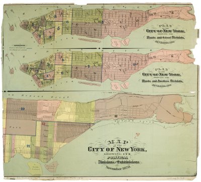 ニューヨーク市の地図で、その政治的区分と細分化を示す 作： American School