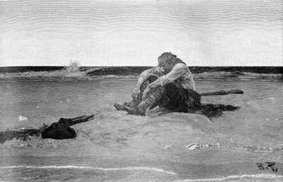 アメリカのイラストレーター、ハワード・パイル（1853年〜1911年）の「Buccaneers and Marooners of the Spanish Main」にちなんで、置き去りにされた海賊を描いたもの。グリザイユ。1887. 作： American School