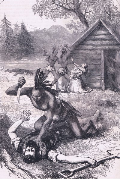 入植者の虐殺、カッセルの米国の歴史出版物からのイラスト、ペッター＆ガルピンc.1890 作： American School
