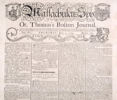 1774年7月7日、マサチューセッツのスパイのマストヘッド（印刷） 作： American School