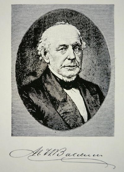 マティアス・ウィリアム・ボールドウィン（1795-1866）1831年にボールドウィン機関車製作所を設立（リトグラフ） 作： American School