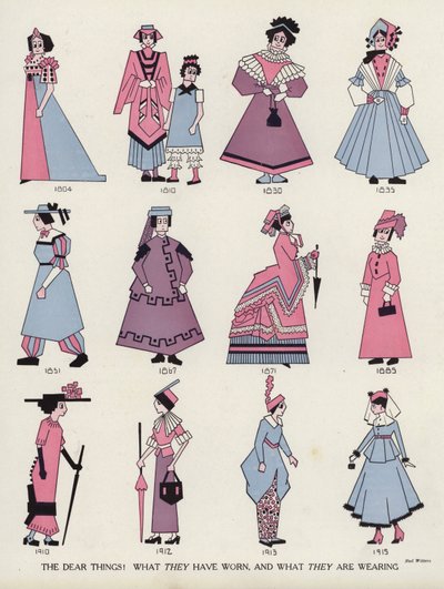 時代を超えて女性のファッションをあざ笑う（カラーリトグラフ） 作： アメリカの学校