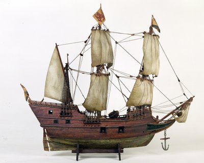 ハーフムーンのモデル、ヘンリーハドソン船、1825-1900年（木材、キャンバス、金属、ペンキ、紐） 作： American School