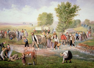1856年、ソルトレイクシティへの長旅で手押し車を引くモルモン教徒の開拓者たち（カラーリトグラフ 作： American School