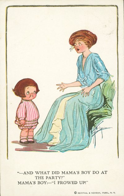 パーティーで何をしたかを息子に尋ねる母親（カラーリトグラフ） 作： アメリカの学校
