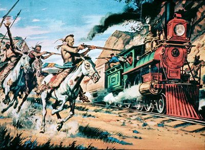 侵略者「鉄の馬」を襲うネイティブアメリカンの戦士たち（油彩・キャンバス） 作： American School