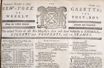 1765年11月7日印刷された切手への反対を宣言するニューヨーク官報マストヘッド（印刷） 作： American School