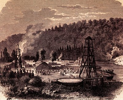 ペンシルバニア州タイタスビルの油田、1859年にエドウィン・ローレンティン・ドレークが発明した最初の坑井デリックがある、彫刻、アメリカ 作： American School