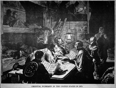 1875年のアメリカにおける東洋人（中国人）の労働者たち（リトグラフ） 作： American School