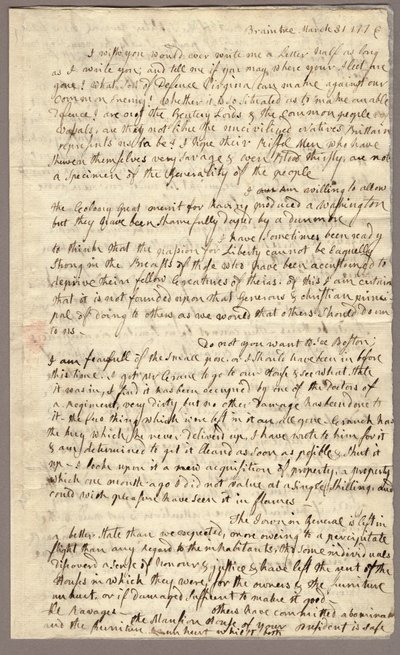 1ページ目、アビゲイル・アダムズからジョン・アダムズへの手紙、1776年3月31日～4月5日（紙にインク 作： American School