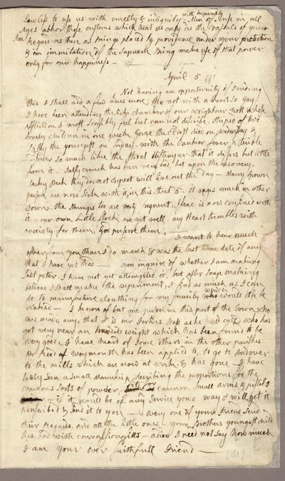 3ページ目、アビゲイル・アダムズからジョン・アダムズへの手紙、1776年3月31日～4月5日（紙にインク 作： American School