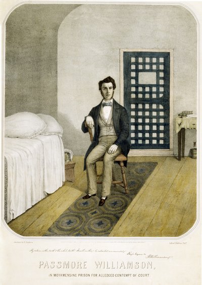 法廷侮辱罪でモヤメンシング刑務所に収監されているパスモア・ウィリアムソン。1855年（カラーリトグラフ） 作： American School