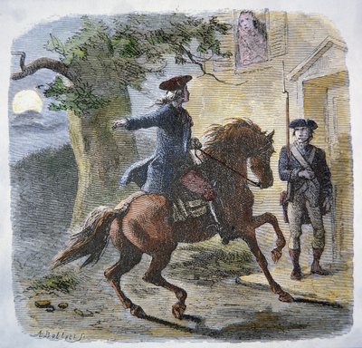 ポール・リビアが1775年4月18日の夜に行った有名な乗馬（カラーリトグラフ 作： American School