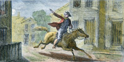 ポール・リビアが1775年4月18日の夜に行った有名な乗馬（カラーリトグラフ 作： American School