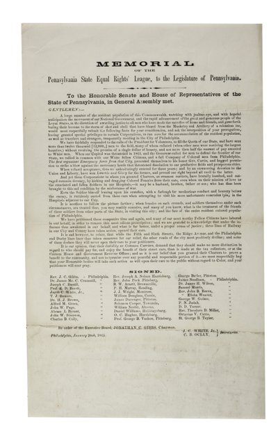 1865年1月20日、ペンシルベニア州立平等権連盟、ペンシルバニア州立平等権連盟の記念碑、ペンシルバニア州議会 作： American School