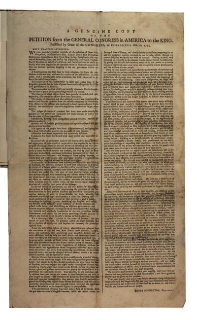 アメリカの総会から王への請願、大陸会議、1774年10月26日 作： American School