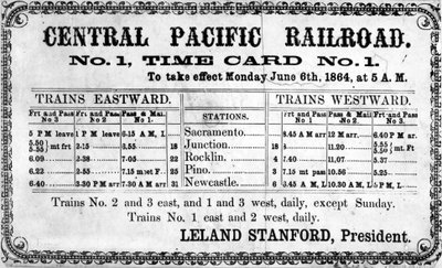 1864年6月6日、1864年の中央太平洋鉄道会社の元の時刻表の写真プリント 作： American School