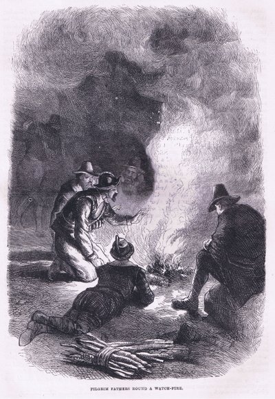 巡礼の父たちが監視の火を囲んでいる様子。1890年頃にPetter & Galpin社から出版されたCassell
