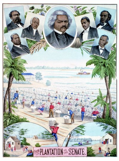 Plantations in the Senate（上院のプランテーション）：アメリカ南部の綿花プランテーションで働く黒人労働者と黒人上院議員を描いたイラスト。 作： American School