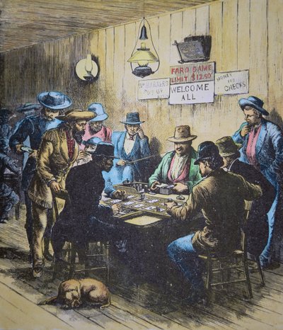 ワイオミング州シャイアンの酒場でファロを弾く（1870年頃）（彩色済み彫刻画 作： American School