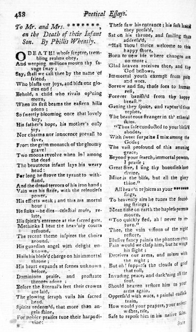 Phillis Wheatlyが子供の死について夫婦に書いた詩、Boston Magazineで出版、1783〜84年（印刷） 作： American School