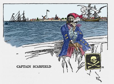 キャプテン・スカーフィールドの肖像。アメリカのイラストレーター、ハワード・パイル（1853-1911）による「スペイン本国の海賊、バッカニア、マルーナーの本」。1887. 作： American School