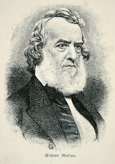 戦時中および復興期の米国海軍長官ギデオン・ウェルズ（1802-78）の肖像（リトグラフ版） 作： American School