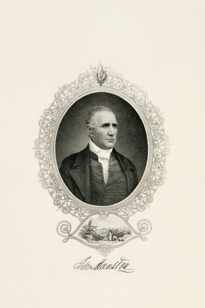 サム・ヒューストンの肖像」（1855年～1860年頃）（紙に鋼線彫刻 作： American School