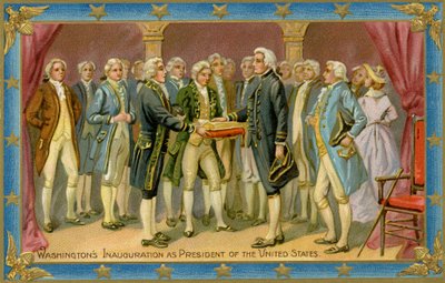ジョージ・ワシントンの大統領就任式を描いた絵葉書（プリント） 作： American School