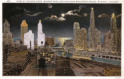 夜のシカゴのポストカード、1930年頃 作： American School