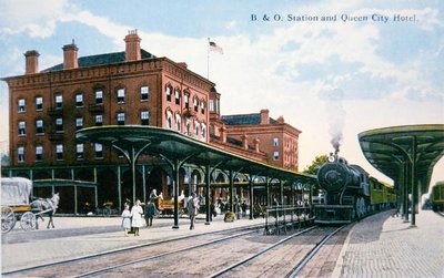 ボルチモアとオハイオの鉄道駅とクイーンシティホテル、メリーランド州カンバーランド、1910年頃のポストカード（カラーリソ） 作： American School